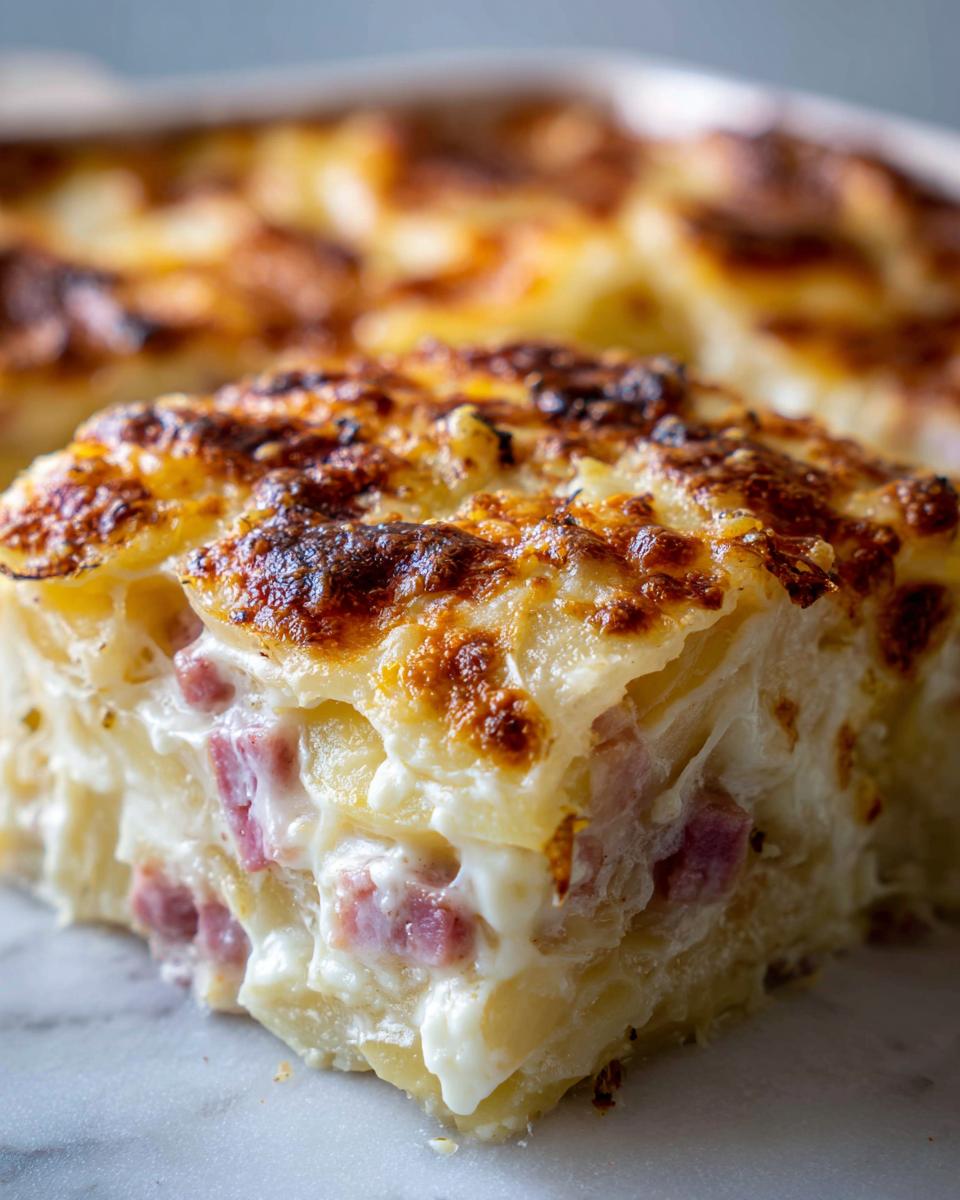A close-up, thick slice of creamy scalloped potatoes and ham with a golden-brown, bubbly cheese crust.