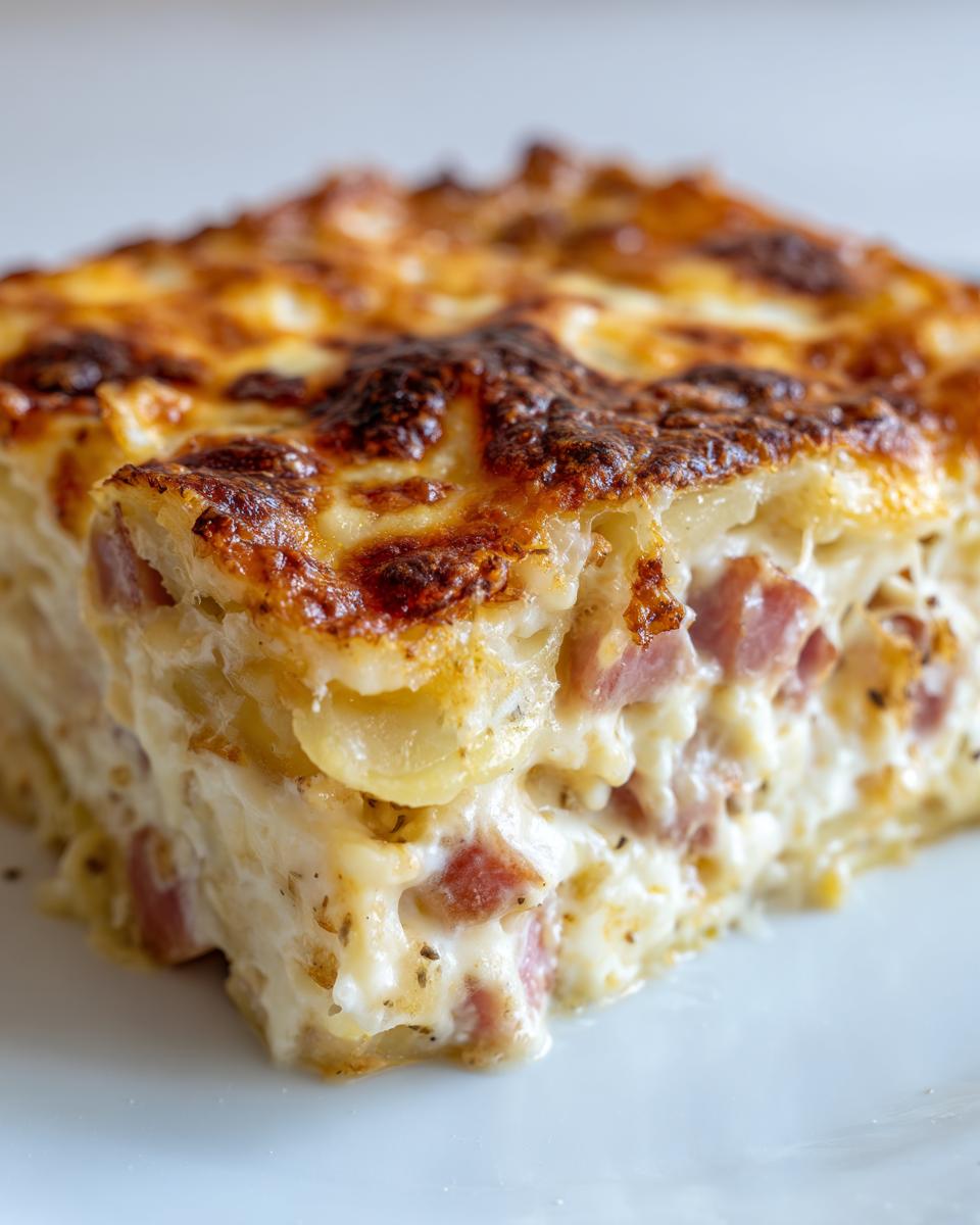 A close-up, cross-section view of a rich slice of scalloped potatoes and ham baked with a bubbly, browned cheese crust.
