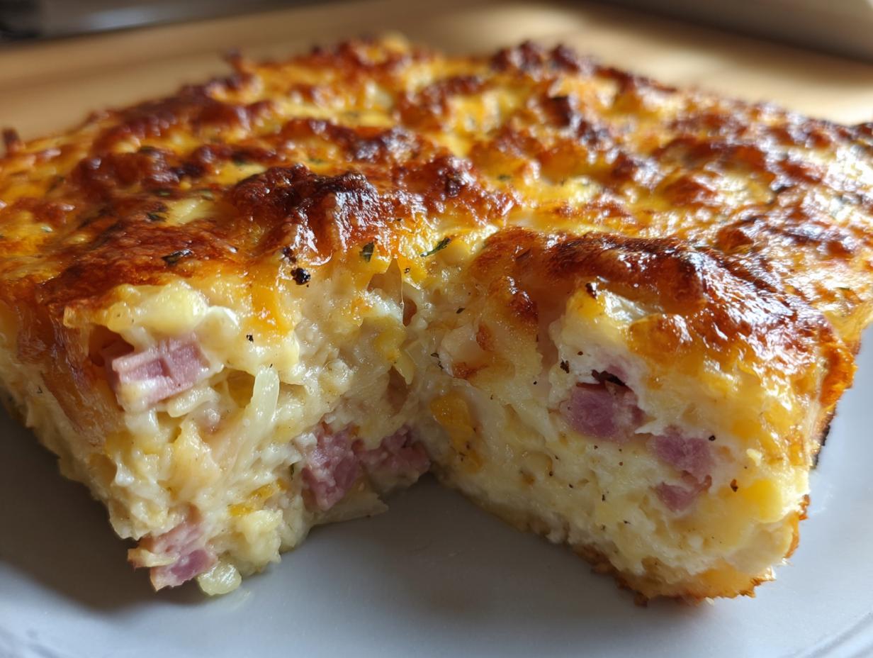 Close-up of a rich, cheesy slice of scalloped potatoes and ham with a golden-brown, bubbly top.
