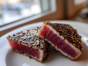 Two slices of perfectly seared ahi tuna, showing a deep red raw center and a dark sesame seed crust.