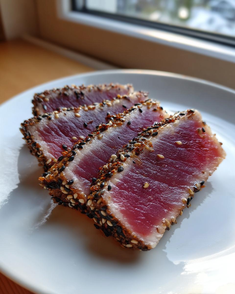 Four slices of perfectly Seared Ahi Tuna, crusted with black and white sesame seeds, resting on a white plate.