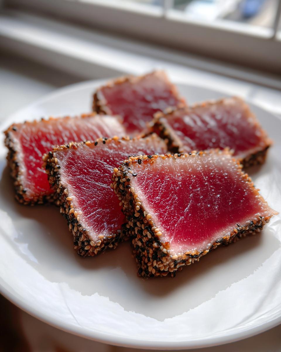 Four slices of perfectly Seared Ahi Tuna, crusted with black and white sesame seeds, resting on a white plate.
