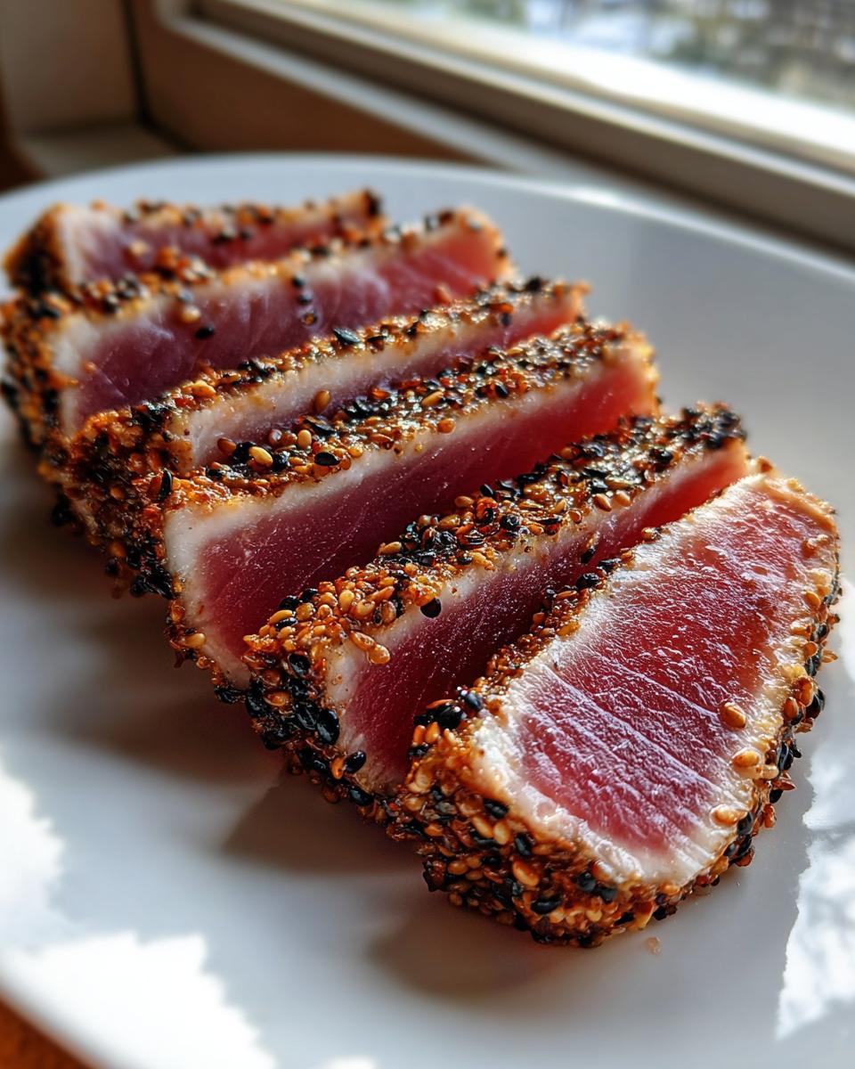 Four thick slices of sesame-crusted Seared Ahi Tuna, showing a rare, deep red center.