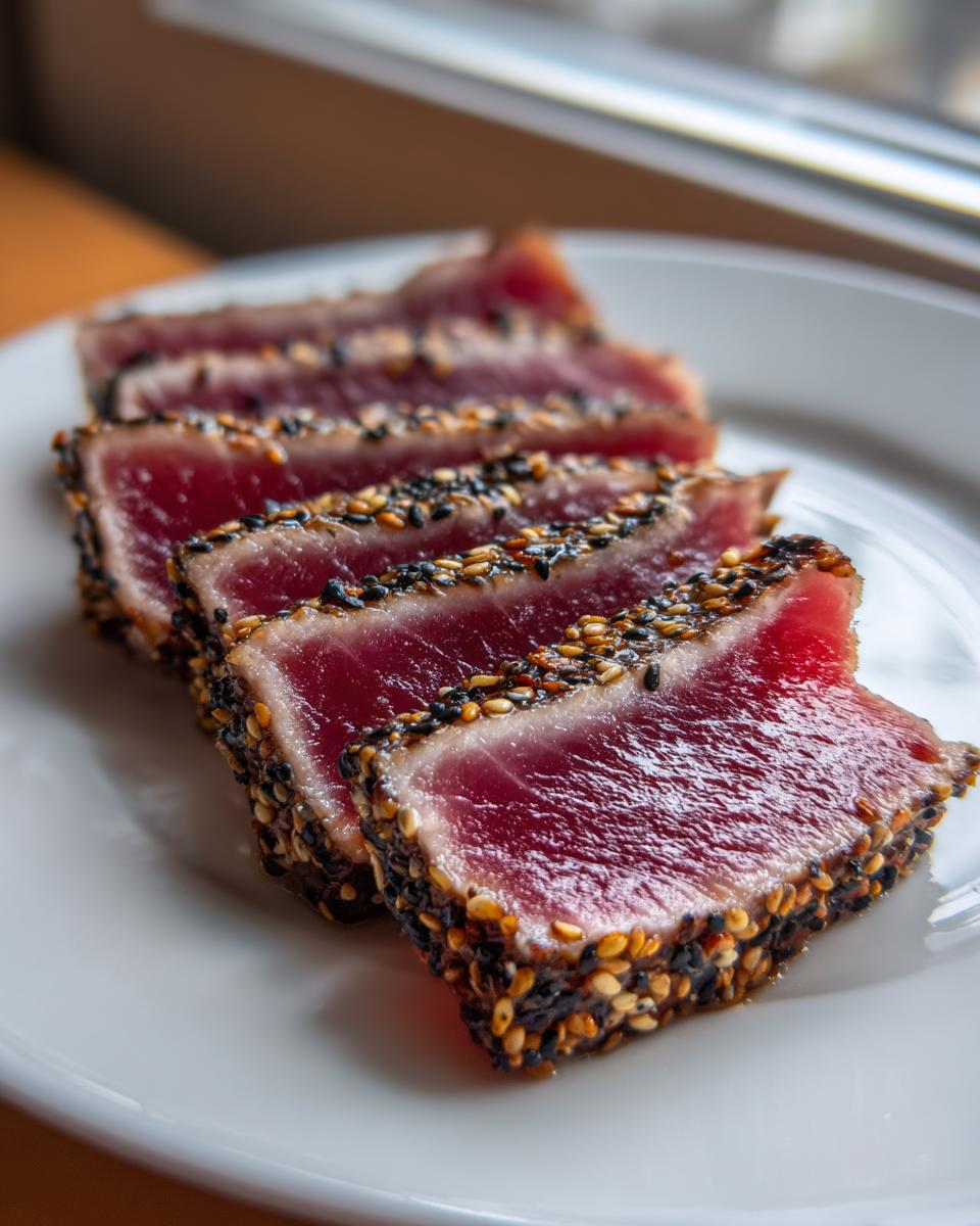 Four slices of perfectly Seared Ahi Tuna, crusted with black and white sesame seeds, resting on a white plate.
