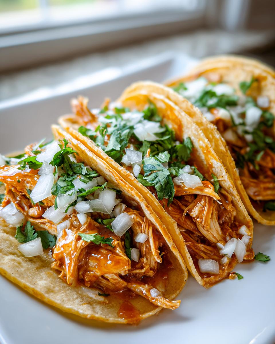 Three delicious chicken tacos filled with saucy shredded chicken, topped with diced white onion and fresh cilantro.