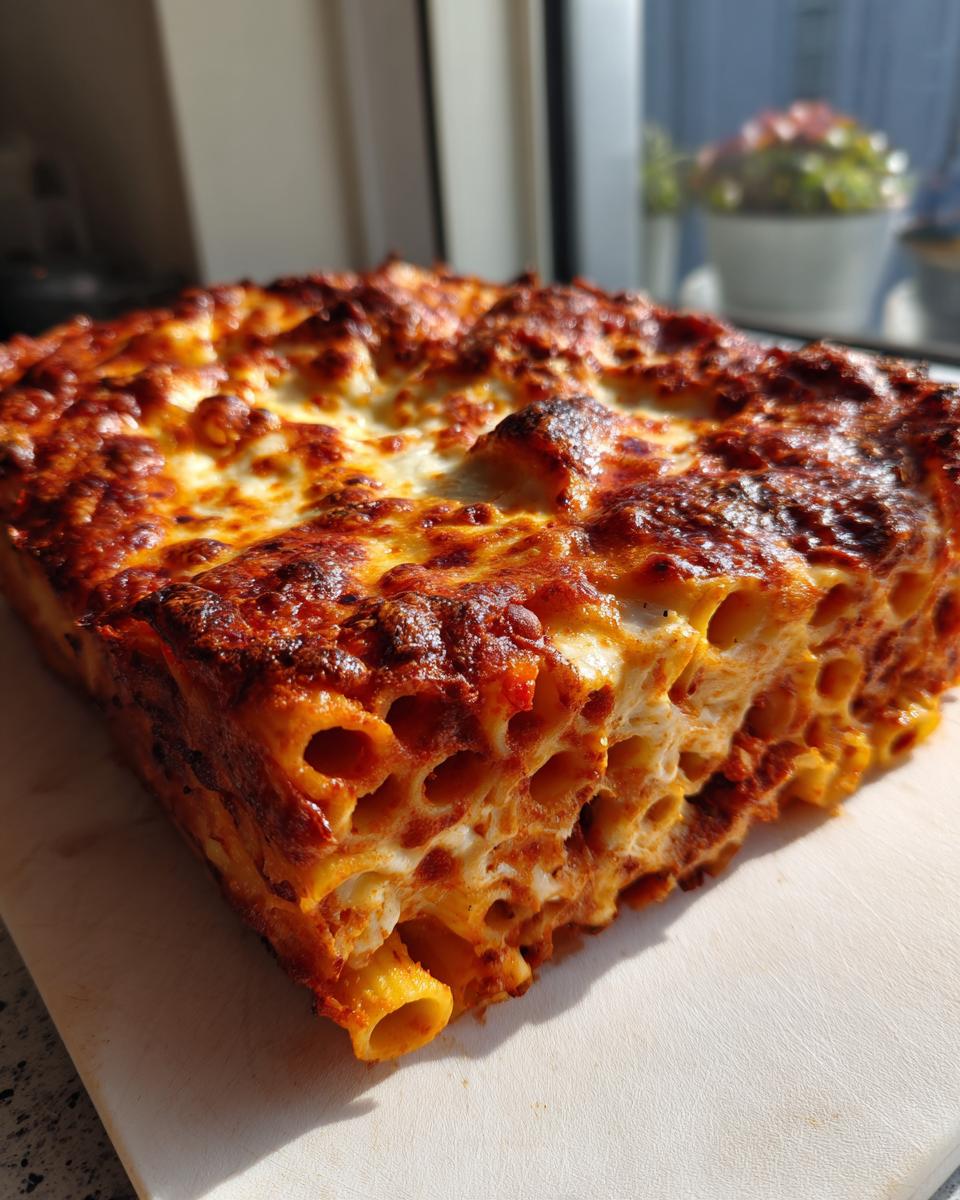 A thick, square slice of baked pasta bake showing tubular pasta coated in sauce and topped with bubbly, browned cheese.