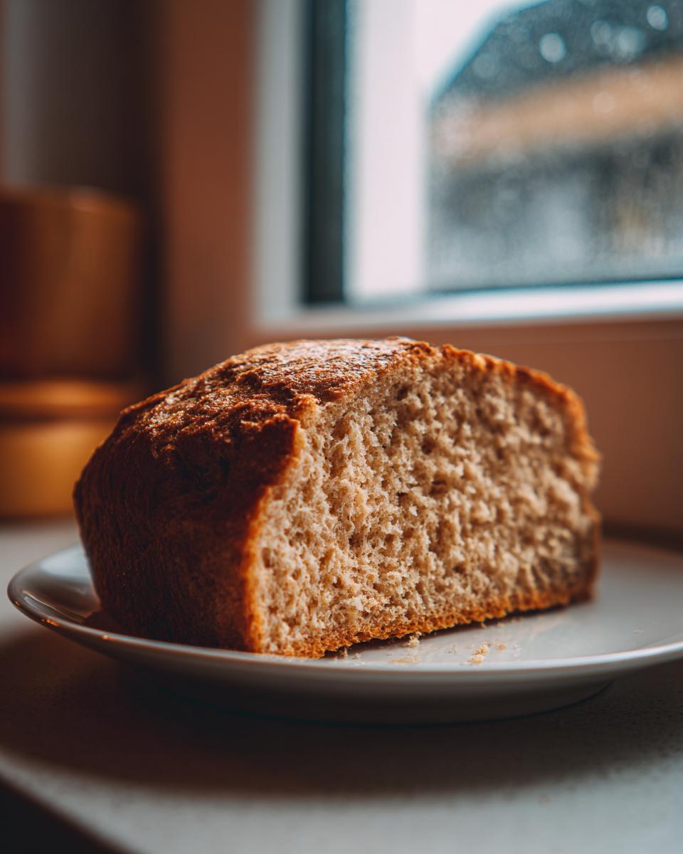 Close-up of a thick slice of homemade whole wheat bread showing the soft, even crumb texture.