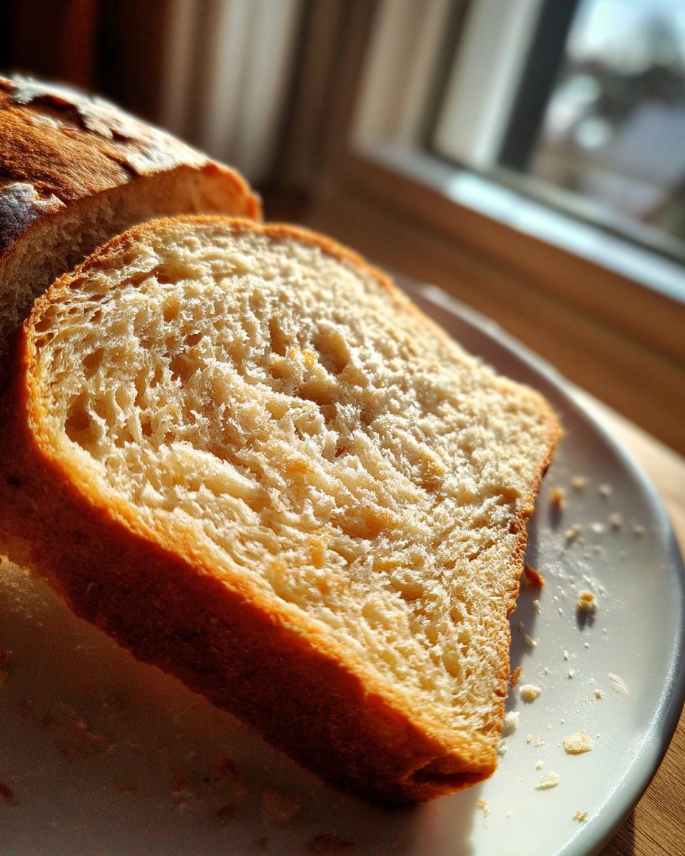 Close-up of a soft slice of homemade whole wheat bread resting on a white plate, illuminated by sunlight.