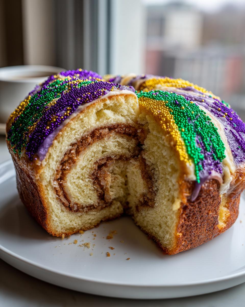 A cross-section view of a soft, cinnamon-swirl King Cake topped with purple, green, and gold Mardi Gras sprinkles.