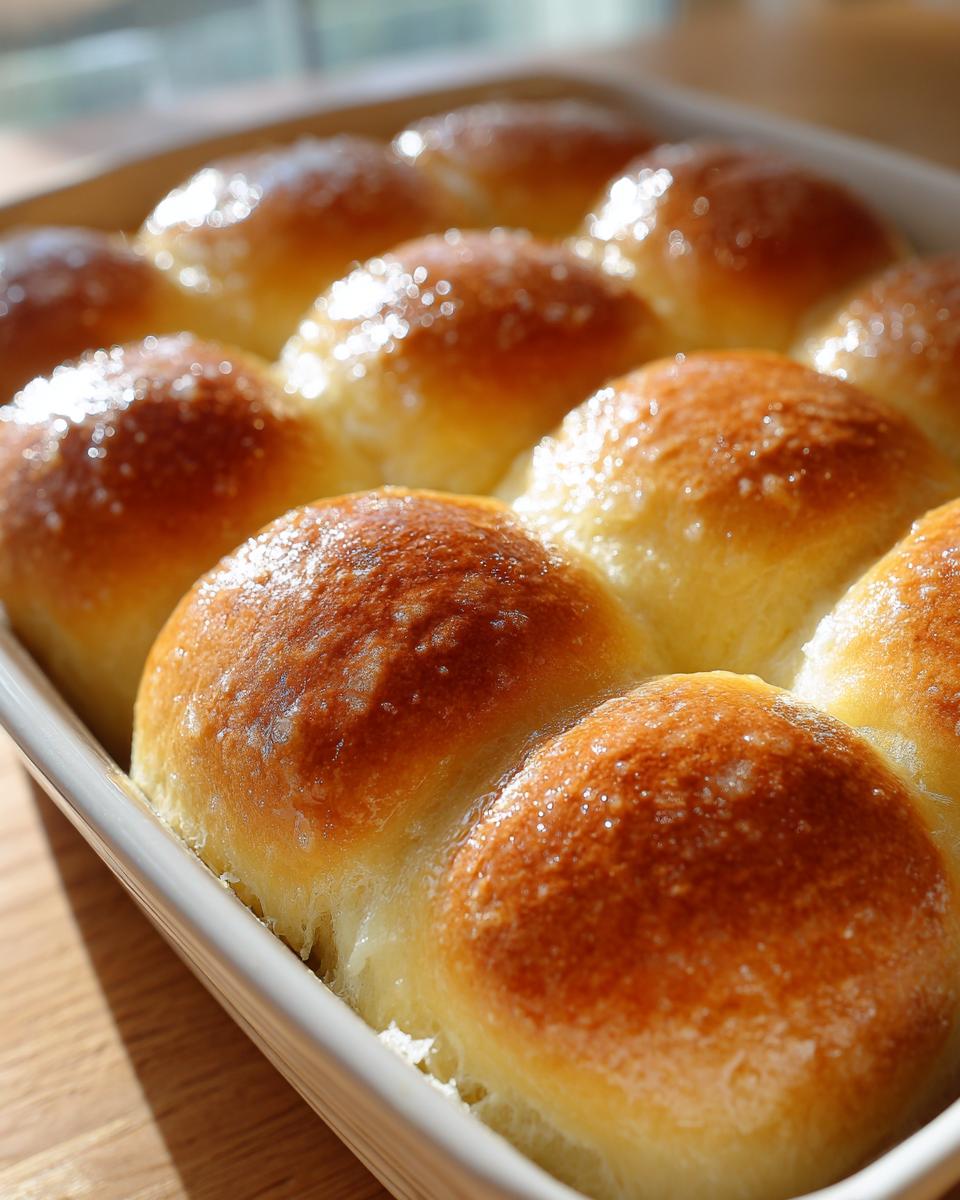 A close-up of twelve golden brown, soft dinner rolls baked together in a white dish, glistening with butter.