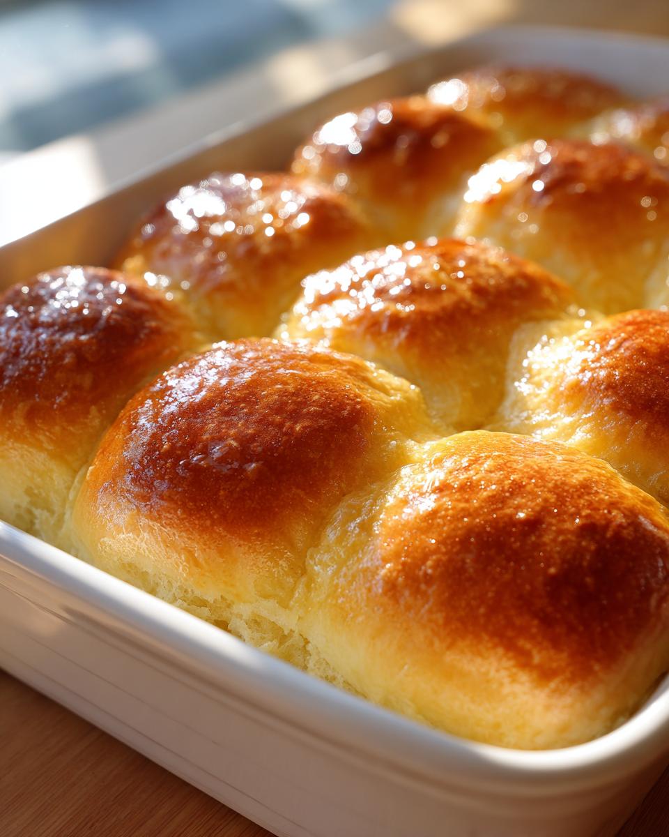 Close-up of freshly baked, glistening, golden brown soft dinner rolls nestled together in a white baking dish.