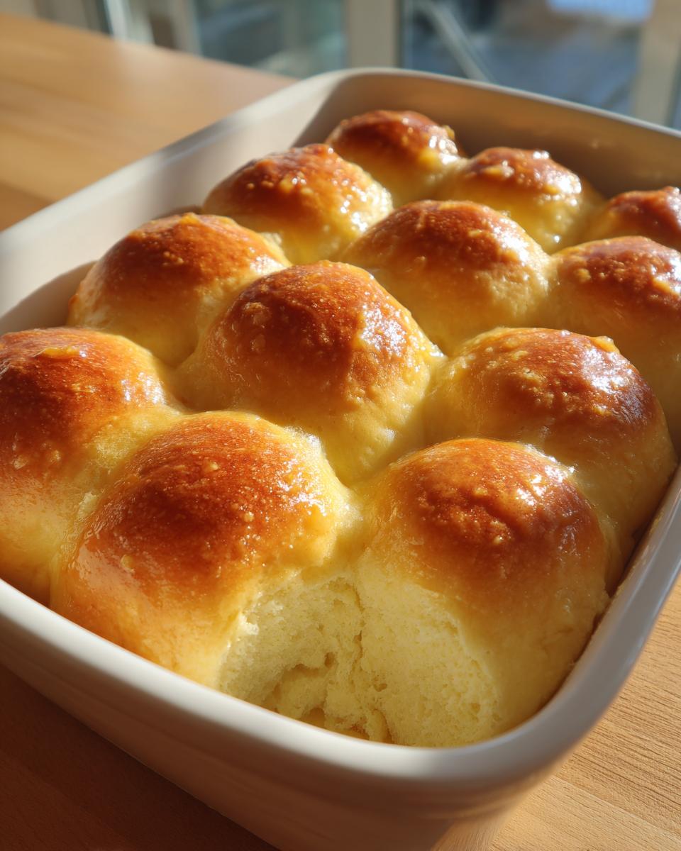 A close-up of twelve golden brown, glossy soft dinner rolls baked together in a white ceramic dish.