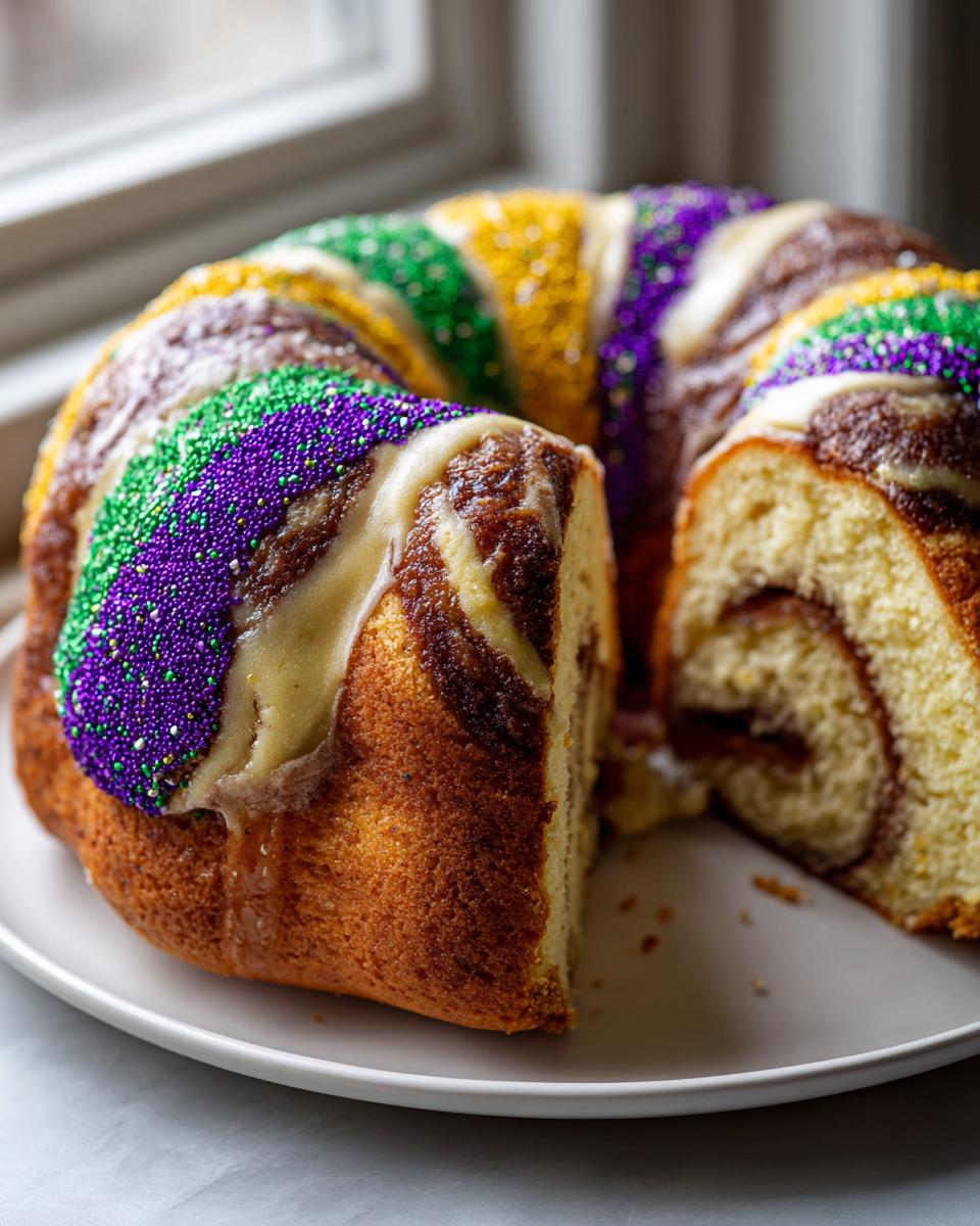 A slice cut from a soft, golden brown King Cake decorated with purple, green, and gold Mardi Gras sprinkles and white icing.