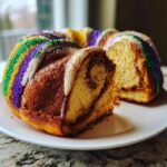 A slice cut from a soft King Cake featuring a cinnamon swirl interior and decorated with purple, green, and gold sprinkles.