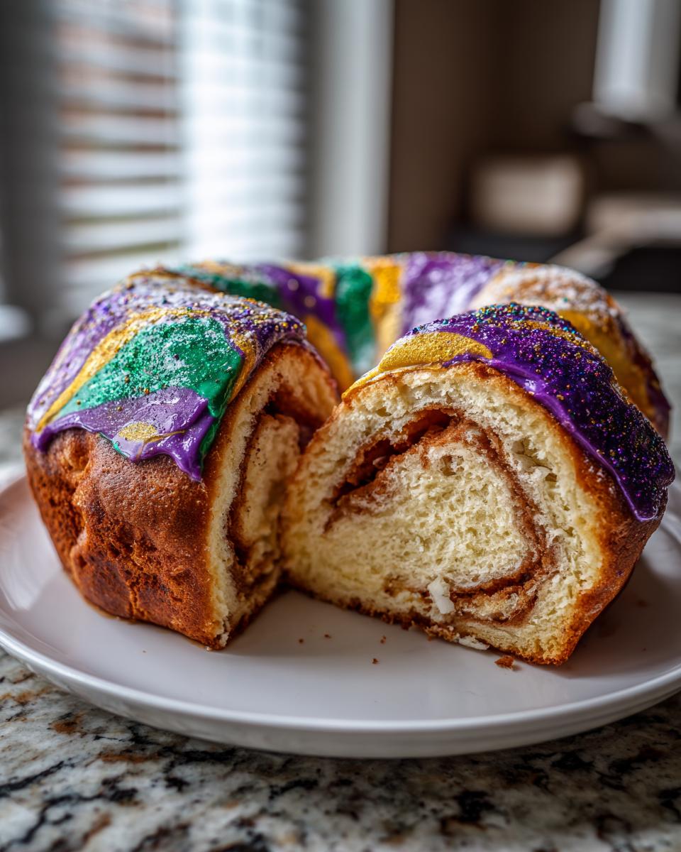 A soft, freshly baked King Cake cut in half, showing a cinnamon swirl filling and purple, green, and gold icing.