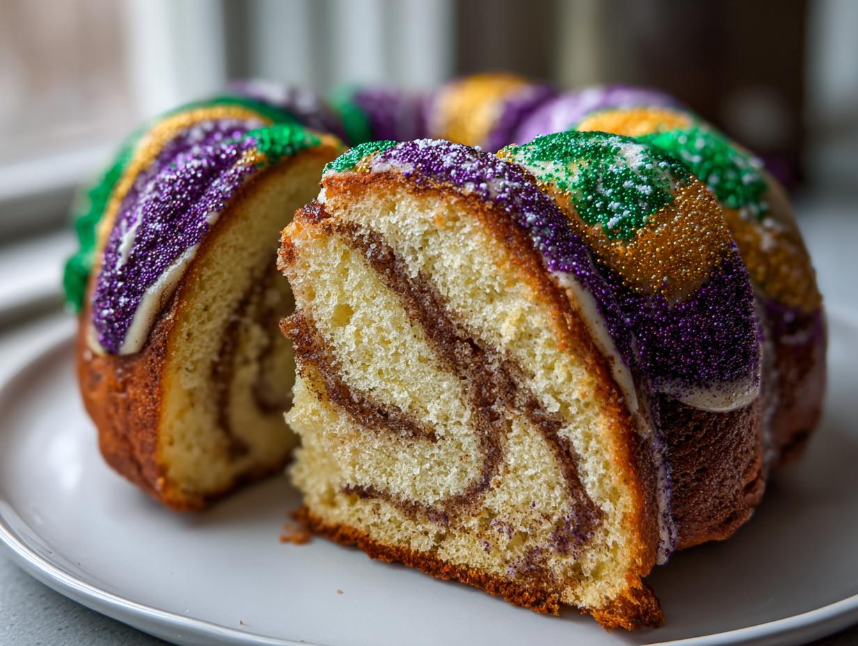 A slice cut from a soft King Cake showing cinnamon swirl inside, topped with purple, green, and gold sparkling sugar.