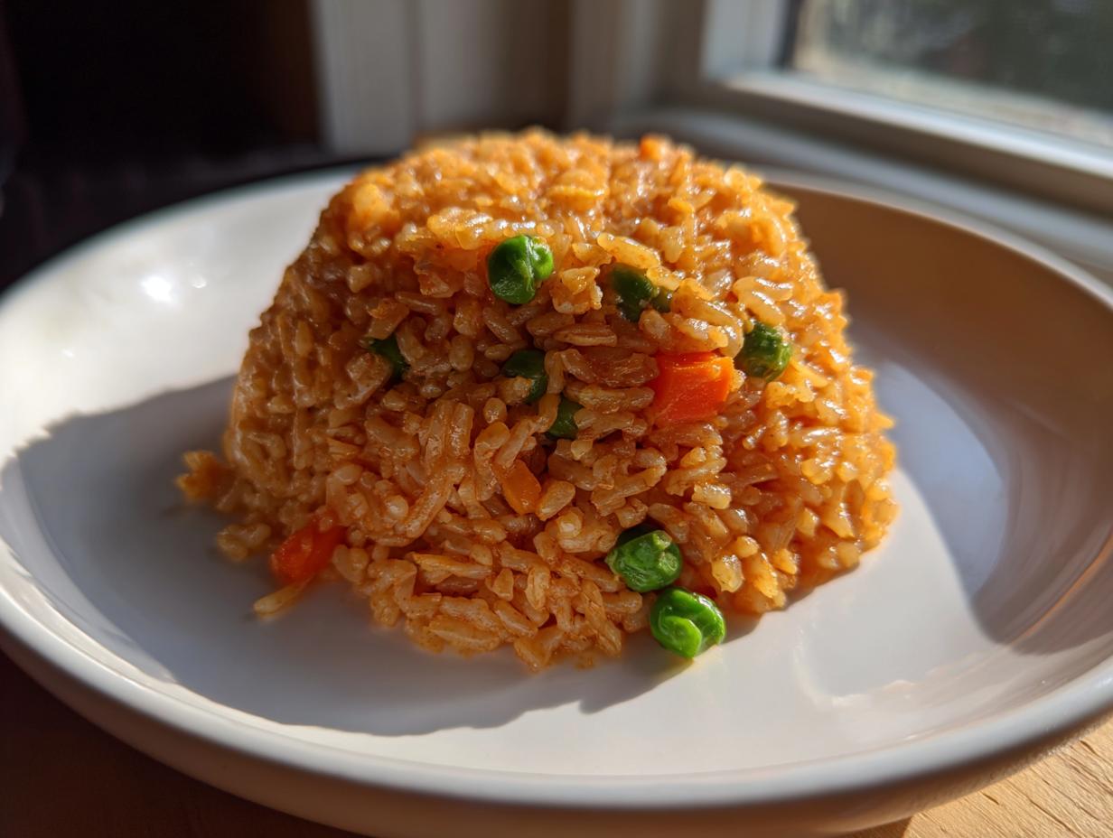 A perfectly molded mound of vibrant orange Spanish rice mixed with bright green peas and diced carrots, served on a white plate.