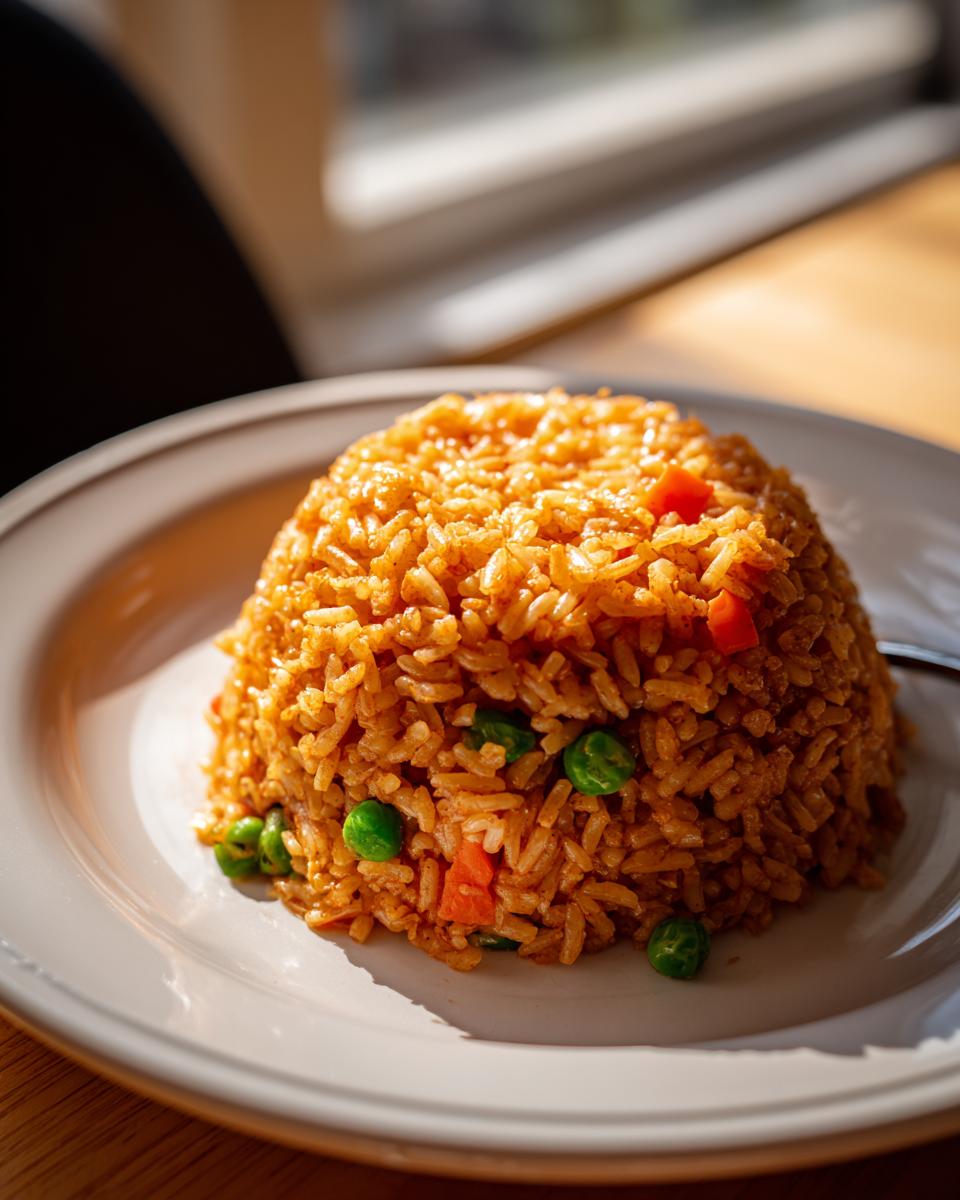A dome-shaped serving of bright orange Spanish rice mixed with green peas and diced carrots on a white plate.