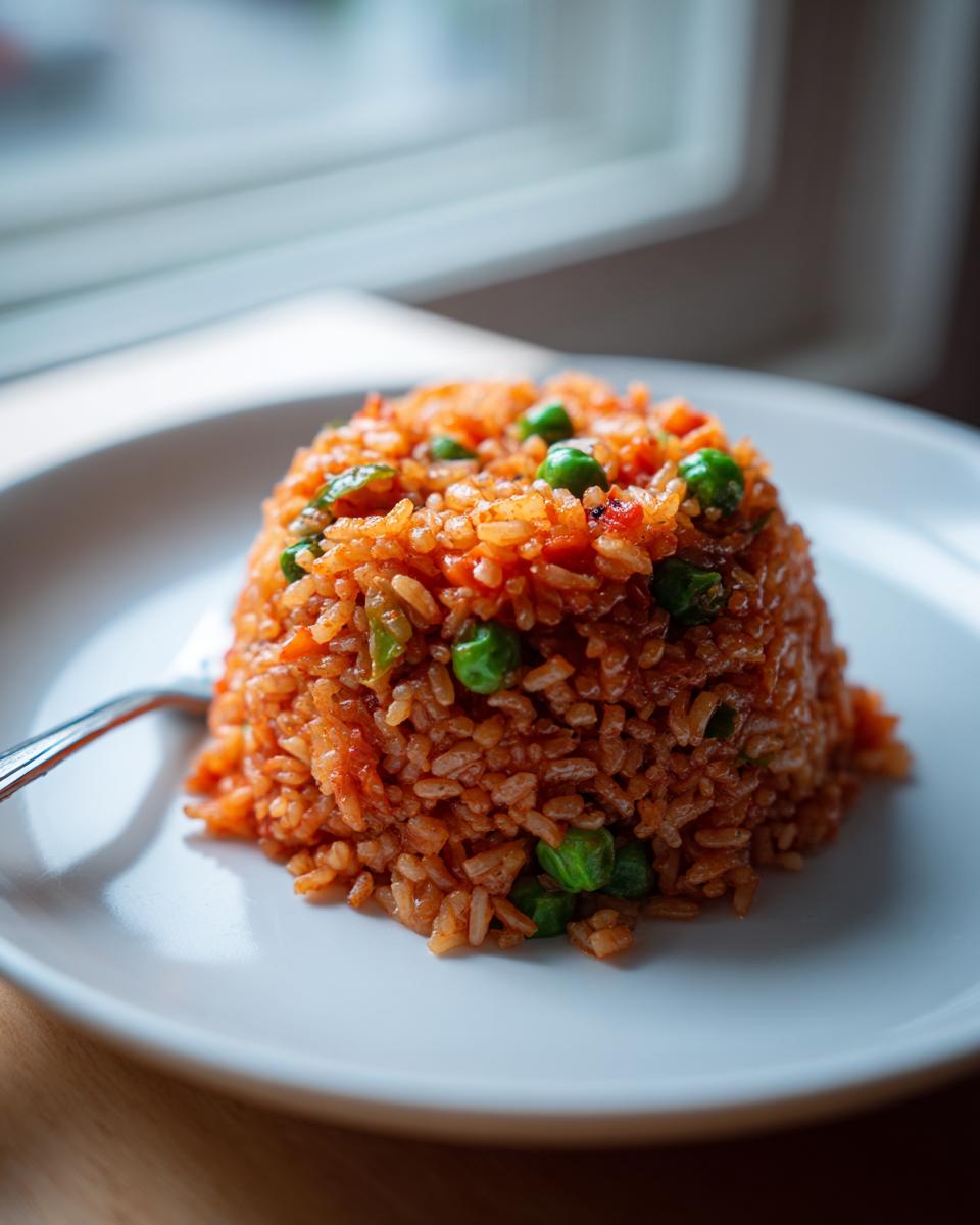 A mound of vibrant, reddish-orange Spanish rice mixed with bright green peas served on a white plate.