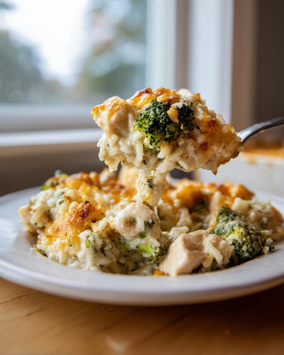 A spoonful of creamy chicken broccoli rice casserole topped with melted cheese being lifted from a white plate.
