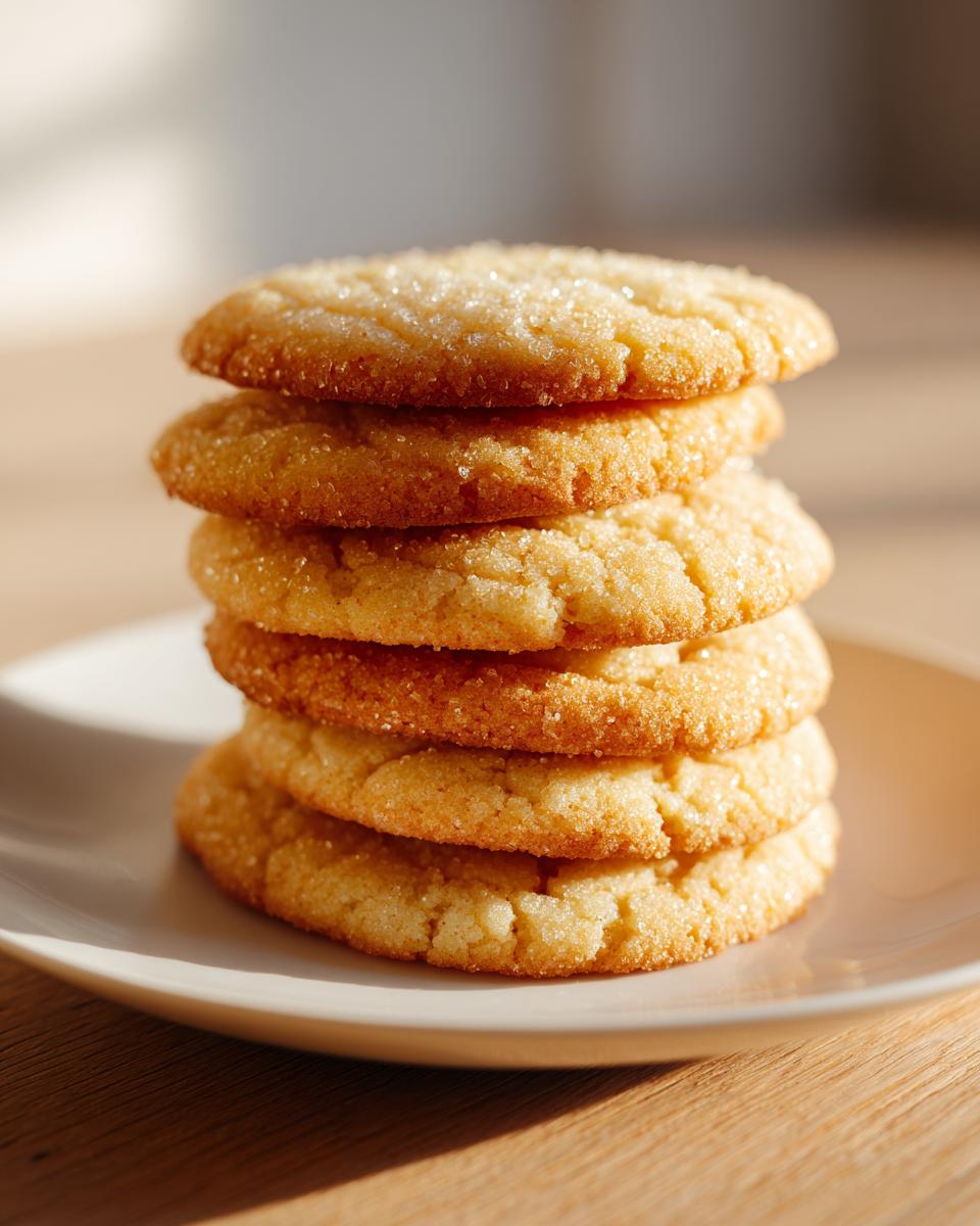 A vertical stack of five golden brown sugar cookie rounds dusted with sparkling sugar.
