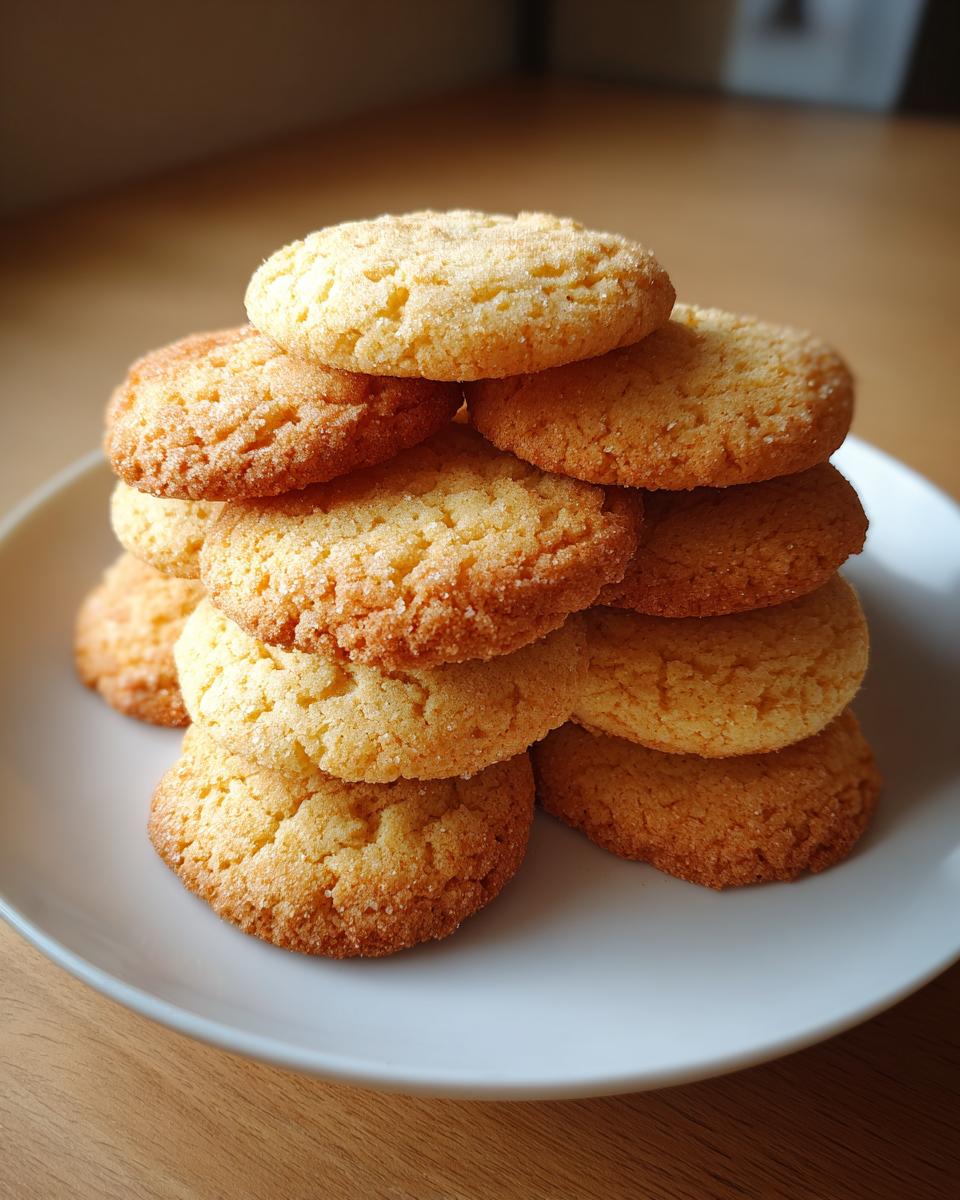A tall stack of golden brown, slightly crackled sugar cookie rounds sprinkled with visible sugar crystals.