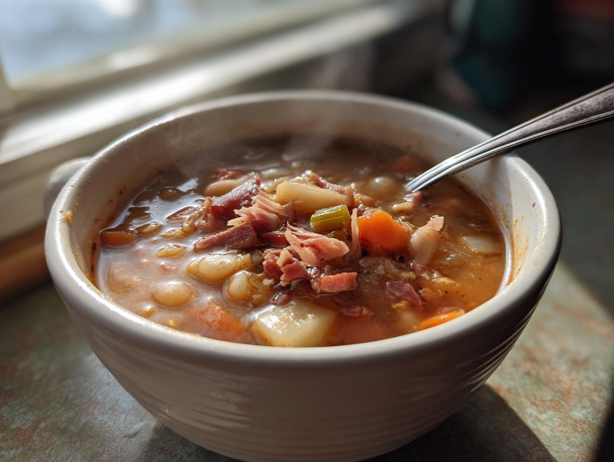 A steaming white bowl filled with hearty Ham and Bean Soup, topped with shredded ham, carrots, and celery.