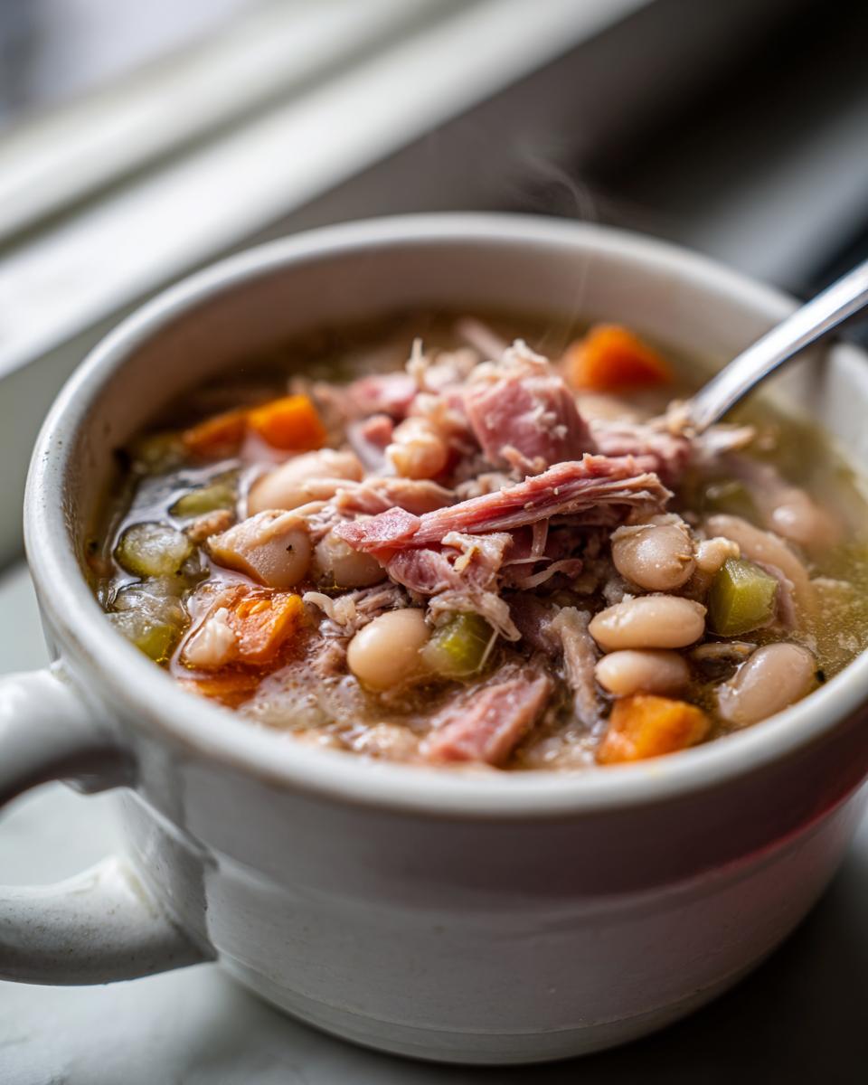 Close-up of a steaming white mug filled with hearty Ham and bean soup, featuring white beans, shredded ham, carrots, and celery.