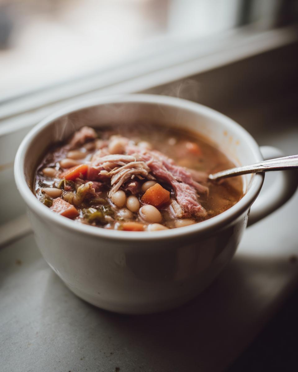 A steaming white mug filled with hearty Ham and Bean Soup, featuring white beans, carrots, and shredded ham.