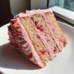 Close-up of a moist slice of strawberry cake showing three layers of vanilla sponge, pink strawberry filling, and thick pink frosting.
