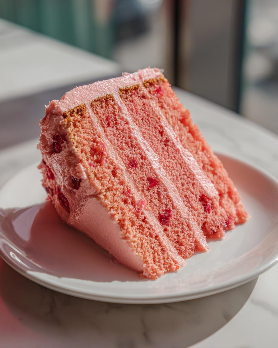 A tall, moist slice of four-layer strawberry cake with pink frosting and visible strawberry pieces.