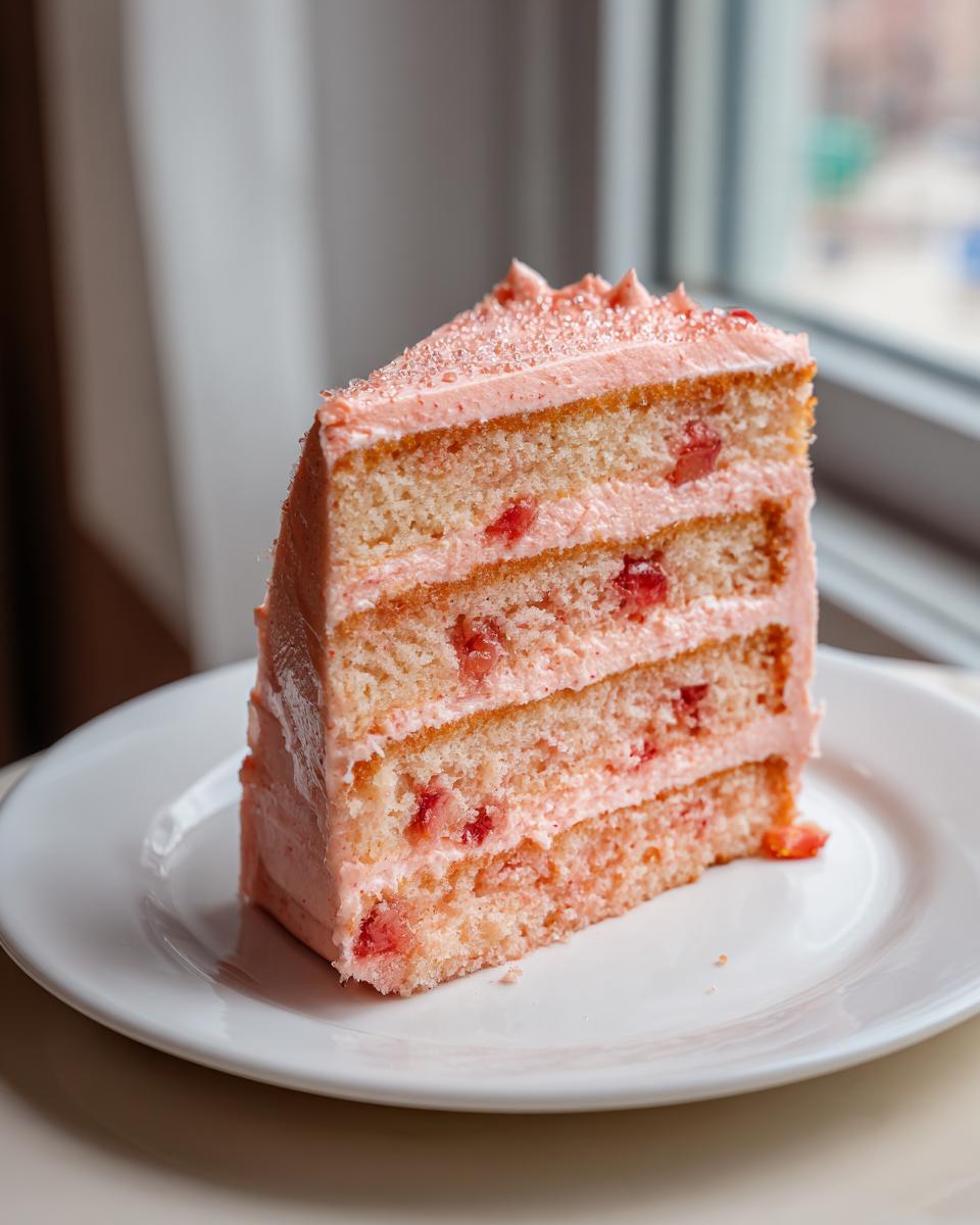 A tall slice of layered strawberry cake with pink frosting and visible strawberry pieces, served on a white plate.