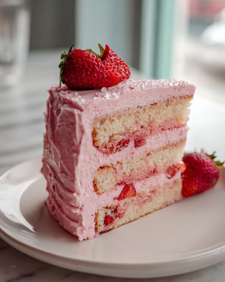 A tall, layered slice of strawberry cake with pink frosting and fresh strawberries on top and beside it.