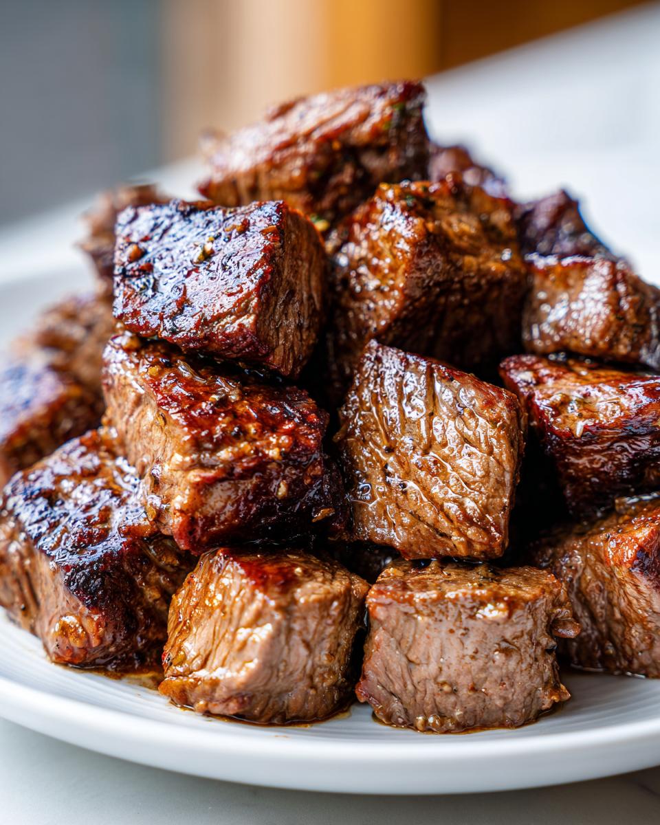 Close-up of a mound of tender, glazed crockpot steak bites served on a white plate.