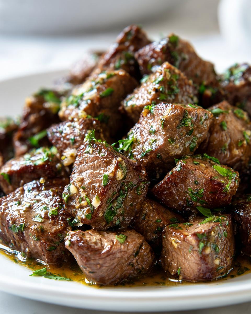 Close-up of tender crockpot steak bites coated in a savory garlic butter sauce and fresh parsley.