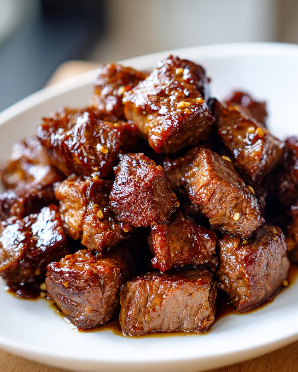 Close-up of tender, glazed crockpot steak bites piled high on a white plate.