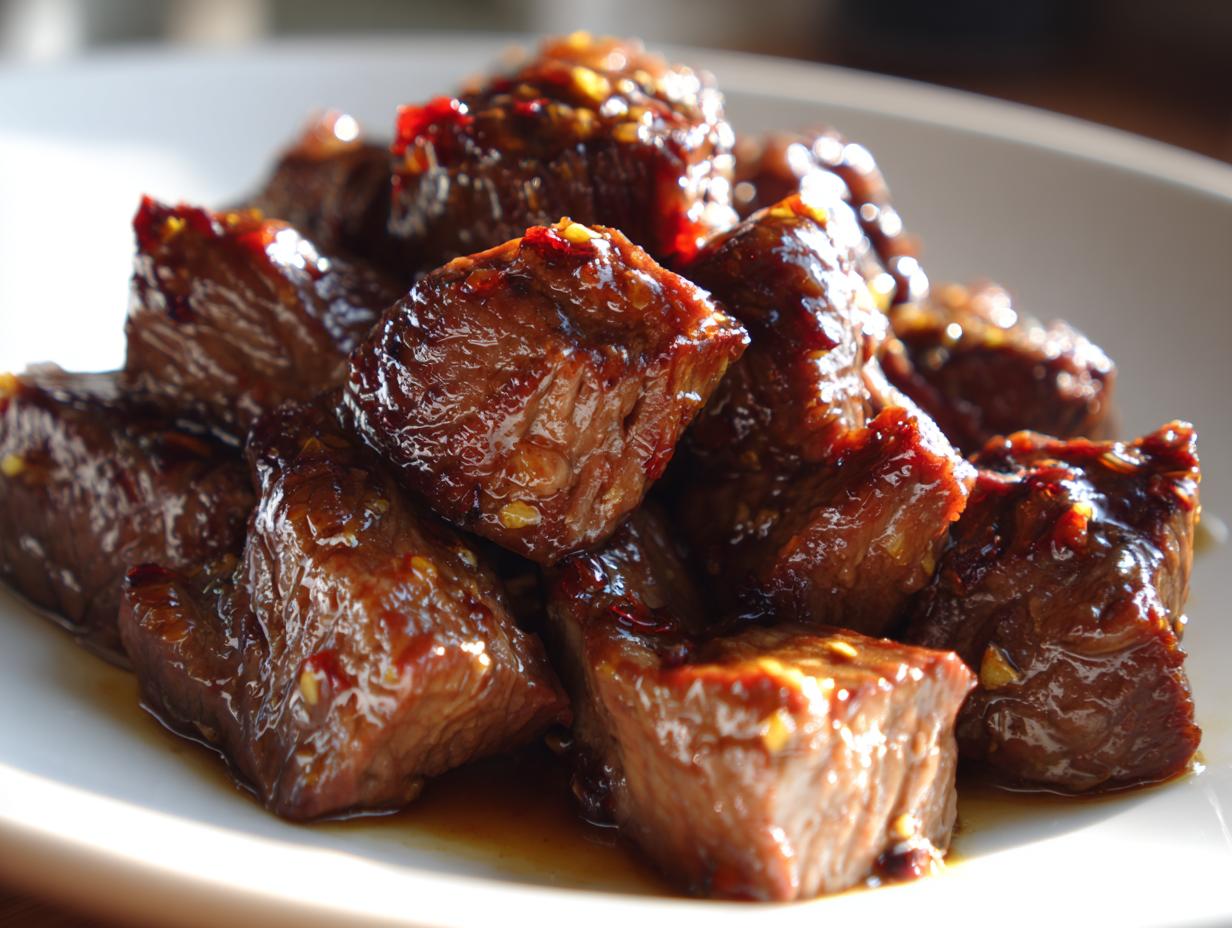 Close-up of tender, glazed crockpot steak bites piled on a white plate, glistening with sauce and chili flakes.