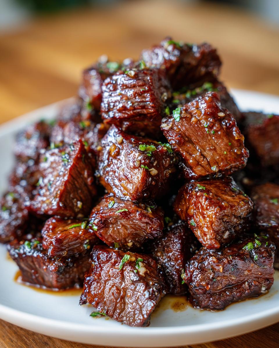 Close-up of tender, glazed crockpot steak bites piled high on a white plate, sprinkled with parsley.