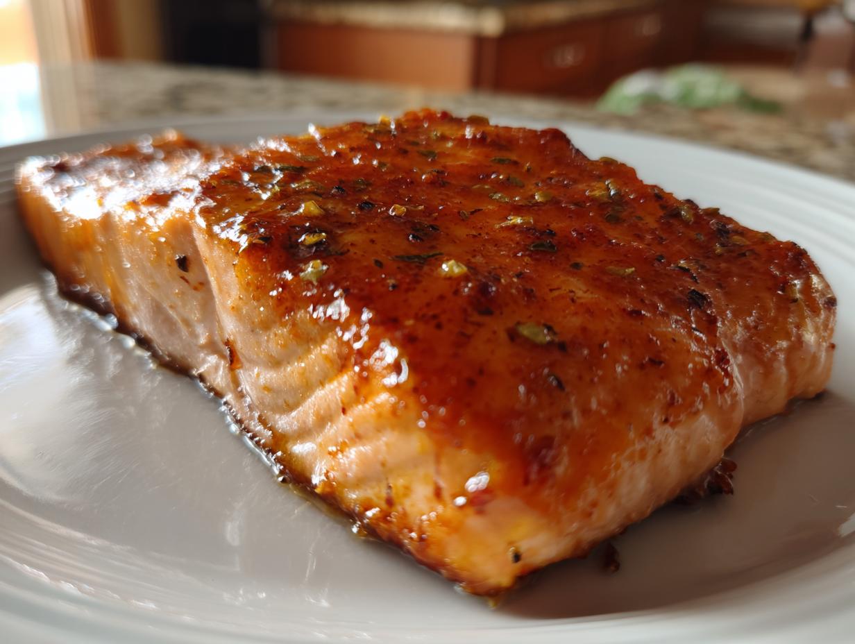 Close-up of a perfectly cooked salmon fillet with a shiny, savory glaze and herbs on a white plate.