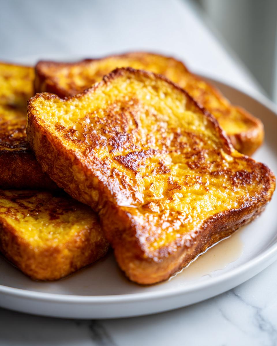 Close-up of thick, golden-brown slices of french toast stacked on a white plate, glistening with syrup.
