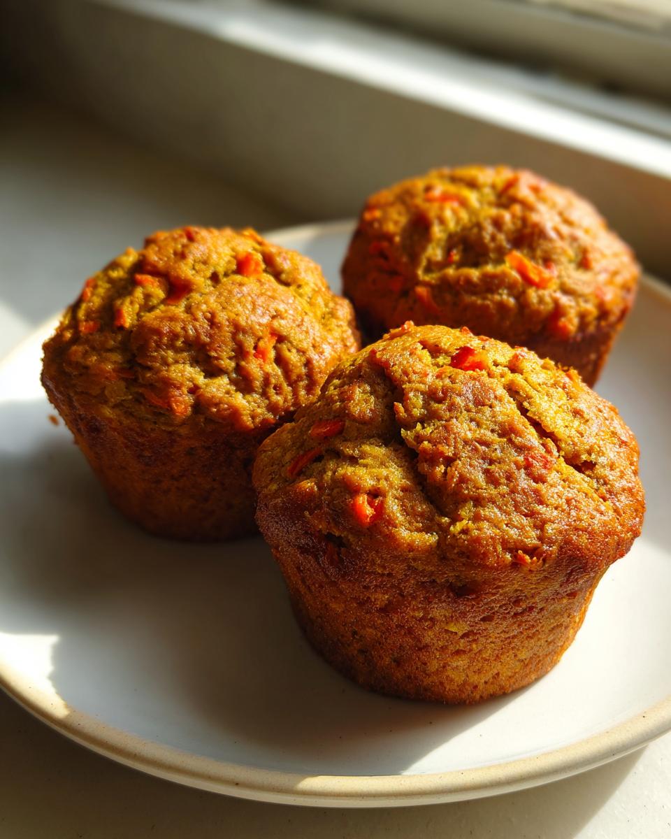 Three freshly baked morning glory muffins with visible carrot pieces, sitting on a light-colored plate near a window.