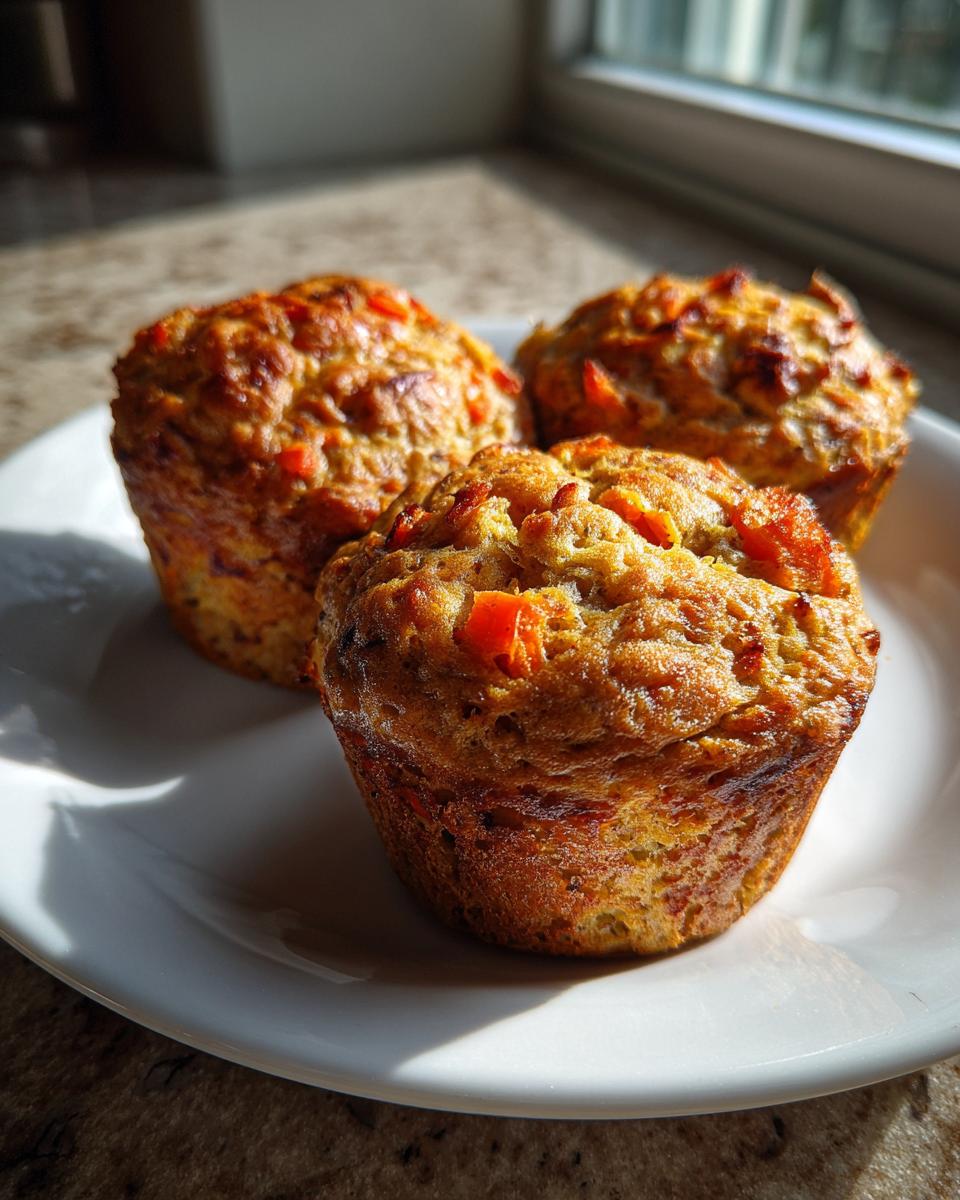 Three freshly baked morning glory muffins with visible orange carrot pieces, sitting on a white plate.