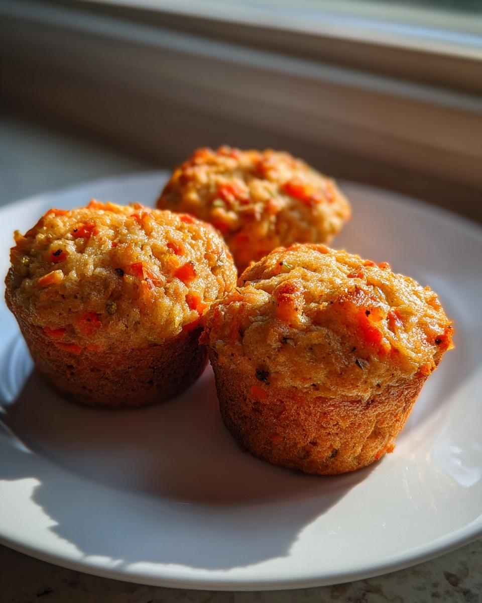 Three freshly baked morning glory muffins with visible shredded carrots, sitting on a white plate in bright sunlight.