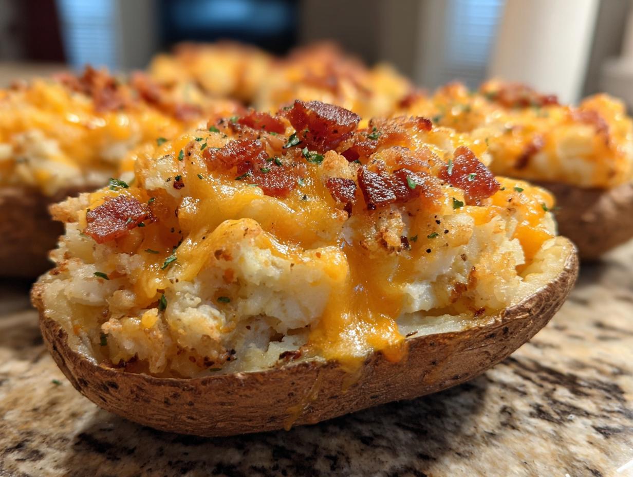 Close-up of a delicious twice baked potato stuffed with mashed potato, melted cheddar cheese, and bacon bits.