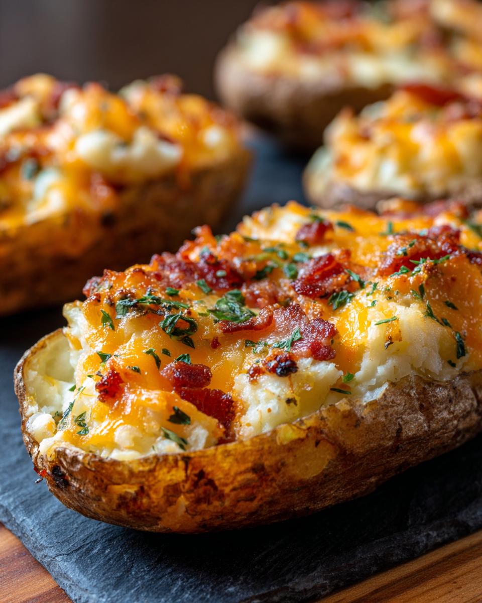 Close-up of a delicious twice baked potato overflowing with mashed potato filling, melted cheddar cheese, bacon bits, and parsley.