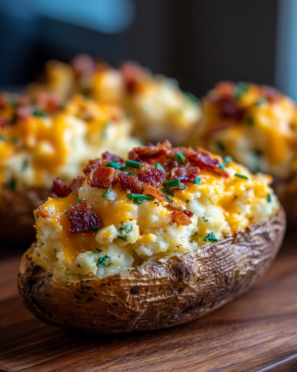 Close-up of a perfectly stuffed twice baked potato topped with melted cheddar cheese, crispy bacon bits, and chives.