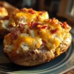 Close-up of a perfectly baked twice baked potato stuffed with mashed potato, melted cheddar cheese, and crispy bacon bits.