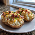 Two perfectly prepared twice baked potatoes loaded with melted cheddar cheese, crispy bacon bits, and fresh chives.