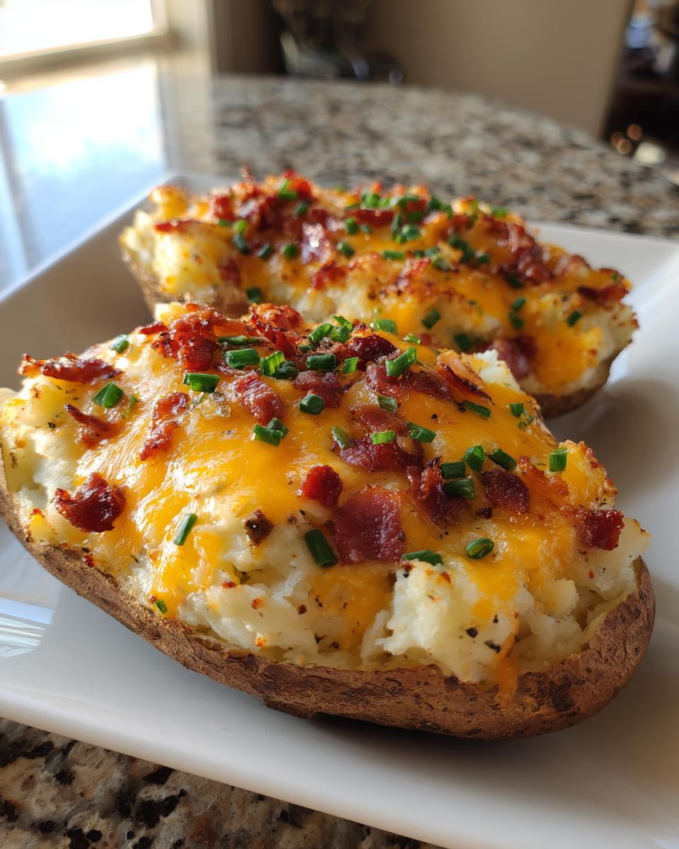 Two perfectly prepared twice baked potatoes loaded with melted cheddar cheese, bacon bits, and fresh chives.