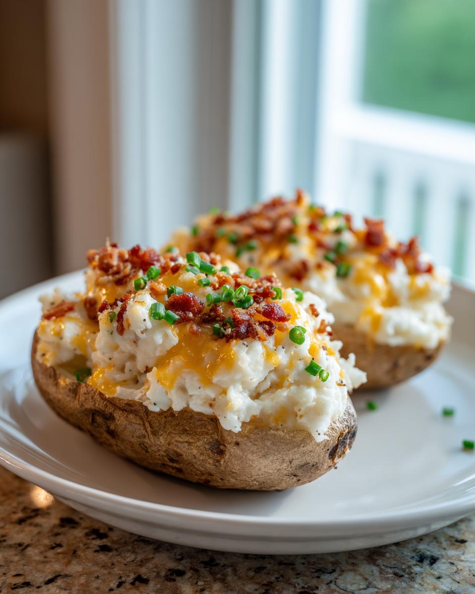 Two perfectly stuffed twice baked potatoes topped with melted cheddar cheese, bacon bits, and fresh chives on a white plate.